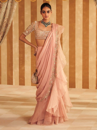 Dusky Pink Hunarban Sari And Blouse by Ridhi Mehra, available on Indiaspopup.com