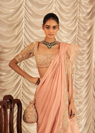 Dusky Pink Hunarban Sari And Blouse by Ridhi Mehra, available on Indiaspopup.com