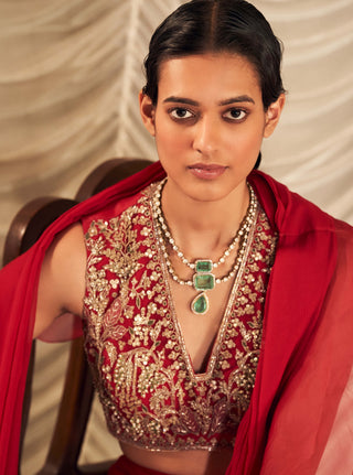 Red Naeem Sari And Blouse by Ridhi Mehra, available on Indiaspopup.com