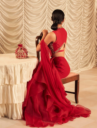 Red Naeem Sari And Blouse by Ridhi Mehra, available on Indiaspopup.com