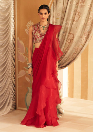 Red Naeem Sari And Blouse by Ridhi Mehra, available on Indiaspopup.com