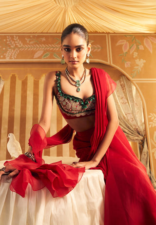 Red Chashm Sari And Blouse by Ridhi Mehra, available on Indiaspopup.com