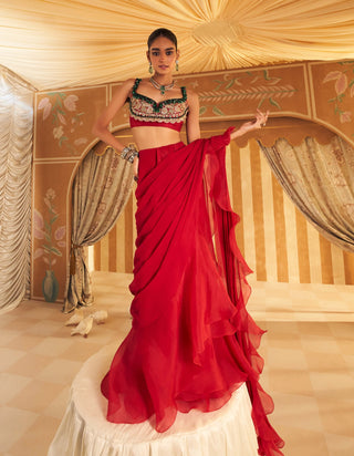 Red Chashm Sari And Blouse by Ridhi Mehra, available on Indiaspopup.com