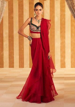 Red Chashm Sari And Blouse by Ridhi Mehra, available on Indiaspopup.com