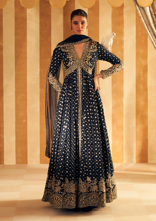 Navy Ibtida Anarkali And Dupatta by Ridhi Mehra, available on Indiaspopup.com