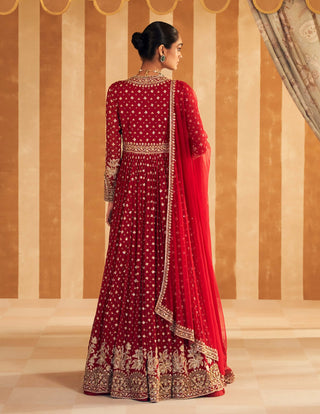 Red Pareesa Anarkali And Dupatta by Ridhi Mehra, available on Indiaspopup.com