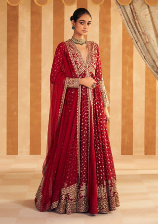 Red Pareesa Anarkali And Dupatta by Ridhi Mehra, available on Indiaspopup.com