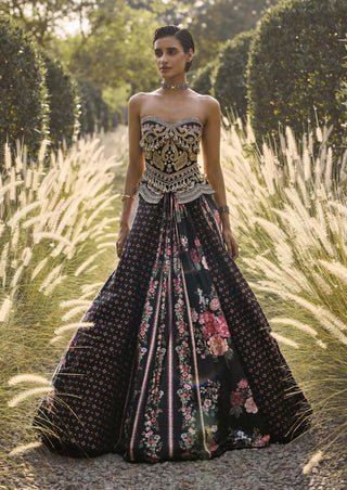 Midnight black raw silk lehenga set