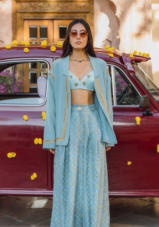 Blue bralette, bandhani trousers and jacket