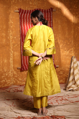 Shivani Bhargava-Mustard Handloom Silk Pintuck Choga Set-INDIASPOPUP.COM