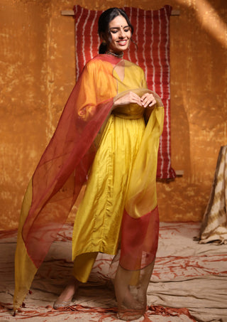Shivani Bhargava-Mustard Handloom Silk Pintuck Choga Set-INDIASPOPUP.COM
