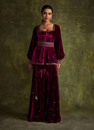 Mulberry velvet peplum and sharara set