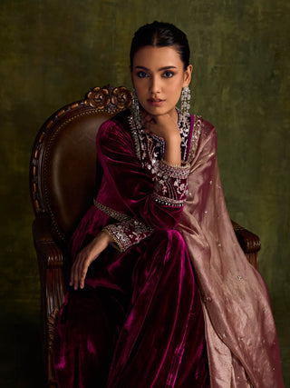 Mulberry velvet anarkali and dupatta