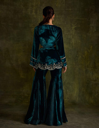 Turquoise velvet cut-out peplum and flared pants