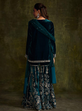 Teal velvet sharara set