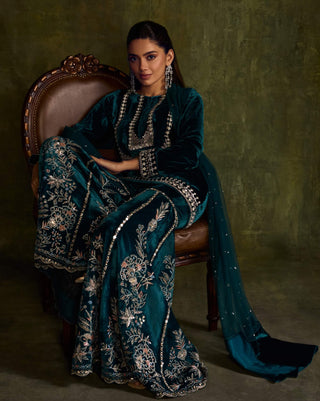 Teal velvet sharara set