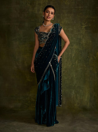 Turquoise velvet pre-draped sari and blouse