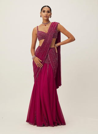 Ruby red pre-draped crystal embellished sari set