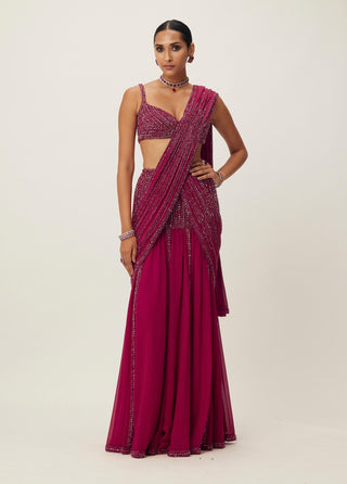 Ruby red pre-draped crystal embellished sari set