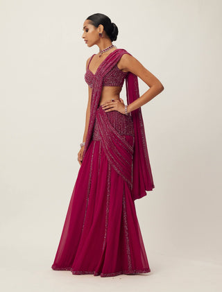 Ruby red pre-draped crystal embellished sari set