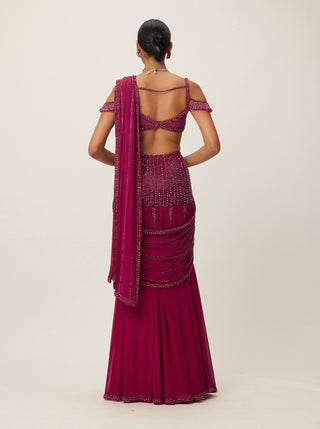 Ruby red pre-draped crystal embellished sari set