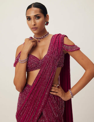 Ruby red pre-draped crystal embellished sari set