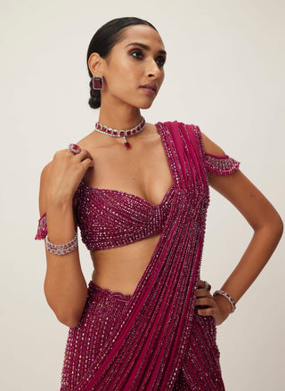 Ruby red pre-draped crystal embellished sari set