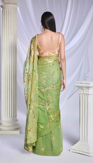 Sea Frost Green Sari And Blouse by Papa Don'T Preach By Shubhika, available on Indiaspopup.com