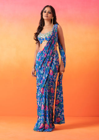 Seema Thukral-Electric Blue Printed Sari And Blouse-INDIASPOPUP.COM