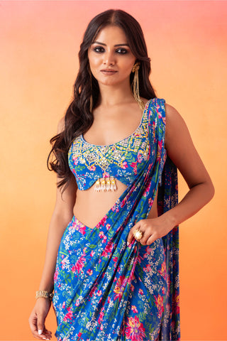 Seema Thukral-Electric Blue Printed Sari And Blouse-INDIASPOPUP.COM