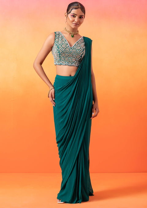 Seema Thukral-Emerald Green Pre-Stitched Sari And Blouse-INDIASPOPUP.COM