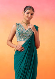 Seema Thukral-Emerald Green Pre-Stitched Sari And Blouse-INDIASPOPUP.COM