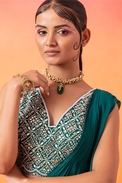 Seema Thukral-Emerald Green Pre-Stitched Sari And Blouse-INDIASPOPUP.COM