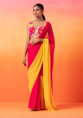 Seema Thukral-Barbie Pink Printed Sari Set-INDIASPOPUP.COM