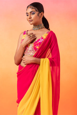 Seema Thukral-Barbie Pink Printed Sari Set-INDIASPOPUP.COM