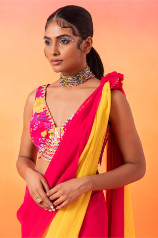 Seema Thukral-Barbie Pink Printed Sari Set-INDIASPOPUP.COM