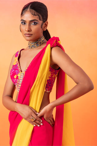 Seema Thukral-Barbie Pink Printed Sari Set-INDIASPOPUP.COM