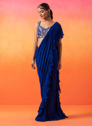 Seema Thukral-Electric Blue Ruffle Sari And Blouse-INDIASPOPUP.COM