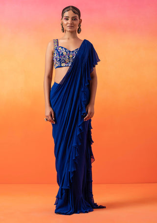 Seema Thukral-Electric Blue Ruffle Sari And Blouse-INDIASPOPUP.COM