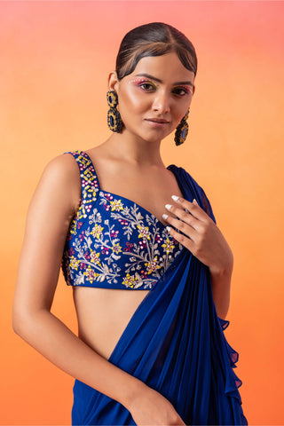 Seema Thukral-Electric Blue Ruffle Sari And Blouse-INDIASPOPUP.COM