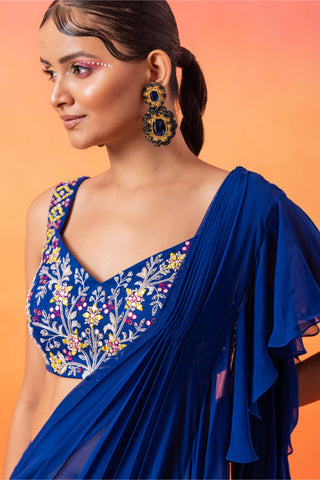 Seema Thukral-Electric Blue Ruffle Sari And Blouse-INDIASPOPUP.COM