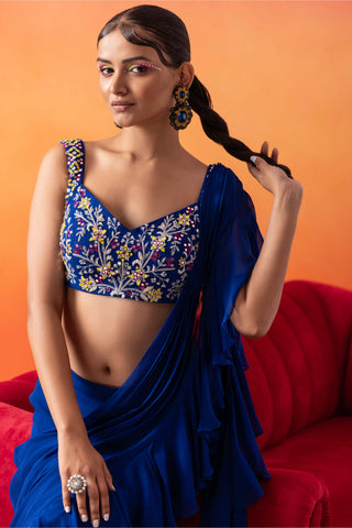 Seema Thukral-Electric Blue Ruffle Sari And Blouse-INDIASPOPUP.COM