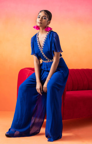 Seema Thukral-Electric Blue Pleated Jumpsuit-INDIASPOPUP.COM