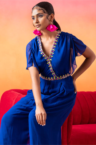 Seema Thukral-Electric Blue Pleated Jumpsuit-INDIASPOPUP.COM