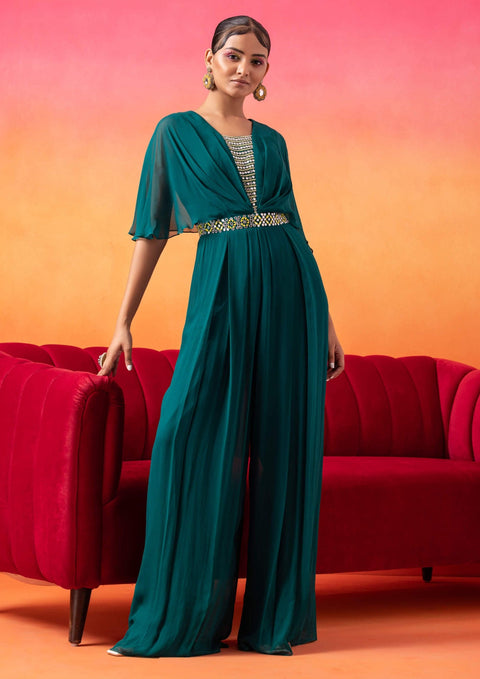 Seema Thukral-Emerald Green Pre-Draped Jumpsuit-INDIASPOPUP.COM
