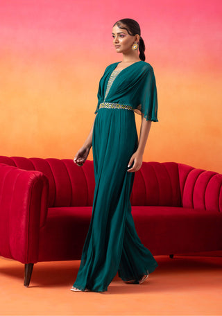 Seema Thukral-Emerald Green Pre-Draped Jumpsuit-INDIASPOPUP.COM