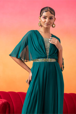 Seema Thukral-Emerald Green Pre-Draped Jumpsuit-INDIASPOPUP.COM