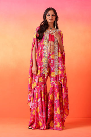 Seema Thukral-Fuscia Pink Printed Cape And Gharara Set-INDIASPOPUP.COM