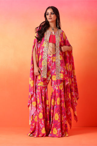 Seema Thukral-Fuscia Pink Printed Cape And Gharara Set-INDIASPOPUP.COM
