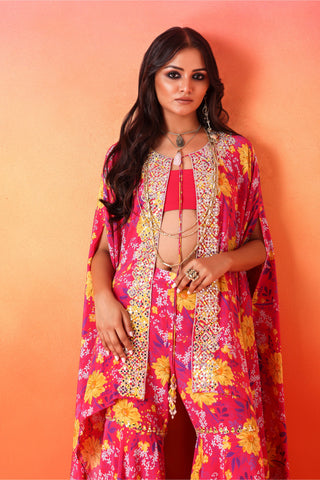 Seema Thukral-Fuscia Pink Printed Cape And Gharara Set-INDIASPOPUP.COM